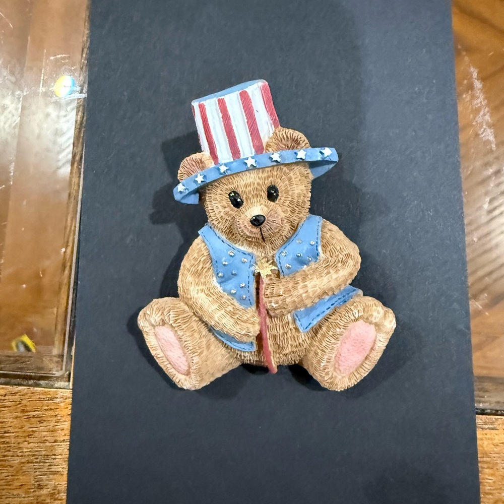 Patriotic Teddy Bear Pin  - Blue Vest, Red & White Hat